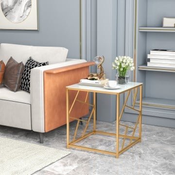 Square End Table with Tempered Glass Tabletop and Gold Finish Geometric Frame