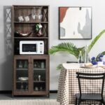 Tall Freestanding Buffet Hutch with Glass Holder and Adjustable Shelves