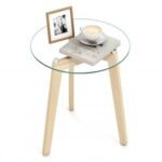 Tempered Glass End Table Round with Solid Rubber Wood Structure