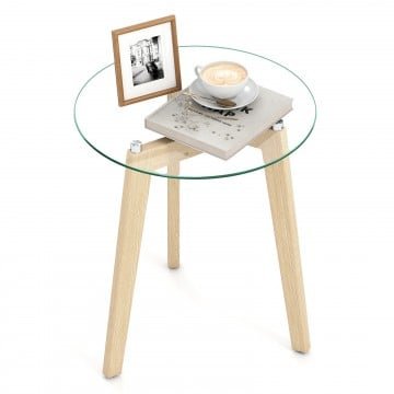 Tempered Glass End Table Round with Solid Rubber Wood Structure