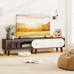 TV Stand for 80 Inch TVs Mid Century Modern Entertainment Center with Sliding Door Cabinet