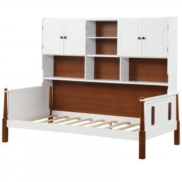 Twin Bed with Bookcase with Shelves and Wooden Slat Support No Box Spring Needed for Living Room Bedroom