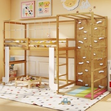 Twin Bunk Bed with Jungle Gym Wooden Loft Bed with Climbing Ladder