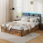 Twin/Full/Queen Bed Frame with LED Lights, Upholstered Headboard and 4 Storage Drawers