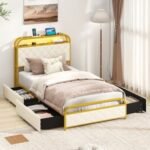 Twin/Full/Queen Size Bed Frame with LED Lights and Charging Station Golden