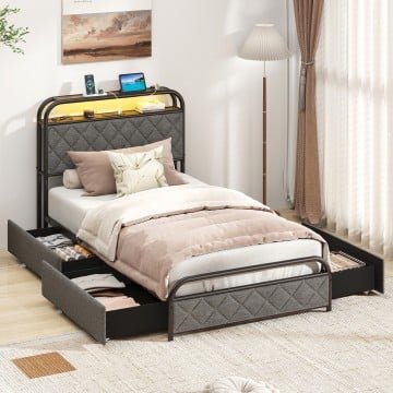 Twin/Full/Queen Size Bed Frame with LED Lights and Charging Station