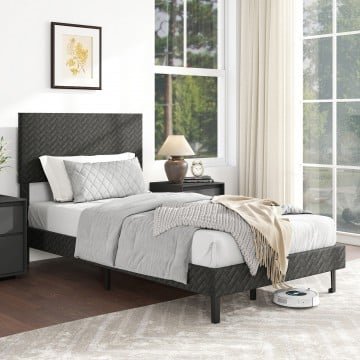 Twin/Full/Queen Size Velvet Bed Frame Upholstered Platform Bed with Chevron Headboard Gray