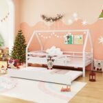 Twin House Bed with Trundle and Fence Rail