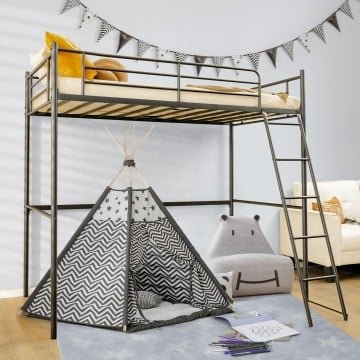 Twin Metal Loft Bed with Ladderand High Guard Rails