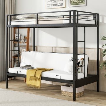 Twin Over Futon Bunk Bed with 2 Ladders and Safety Guardrails