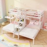 Twin Over Twin and Twin Bunk Bed with Storage Staircase and Guardrail for 3 Kids Teens
