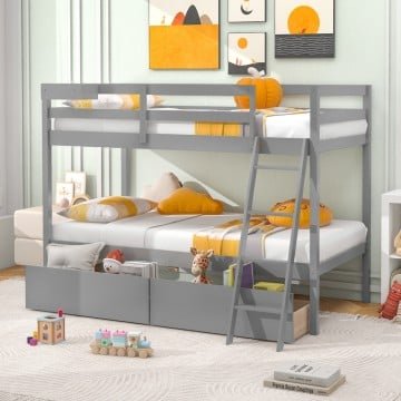 Twin Over Twin Bunk Bed Wood Bed Frame with 2 Storage Drawers and Ladder
