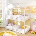 Twin over Twin House Bunk Bed with Roof and Full-length Guardrails