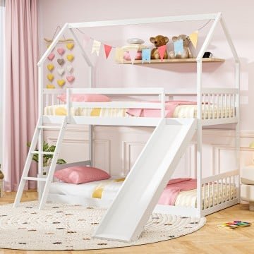 Twin Over Twin House Bunk Bed with Slide and Ladder