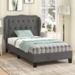 Twin Size Bed Frame with Button Tufted Wingback Headboard and Storage Space