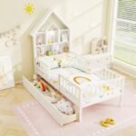 Twin Size House Bed Kids Montessori Bed with House-Shaped Storage Headboard