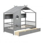 Twin Size House Bed with 2 Storage Drawers and Fence Guardrails