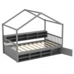 Twin Size House Bed with Roof with 14 Storage Cubes and Enclosed Cabinet