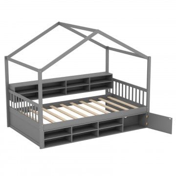 Twin Size House Bed with Roof with 14 Storage Cubes and Enclosed Cabinet