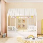 Twin Size House Bed with Trundle Kids Platform Bed with Roof Window