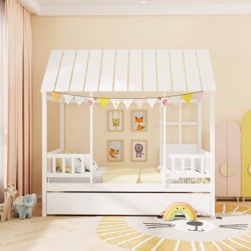 Twin Size House Bed with Trundle Kids Platform Bed with Roof Window