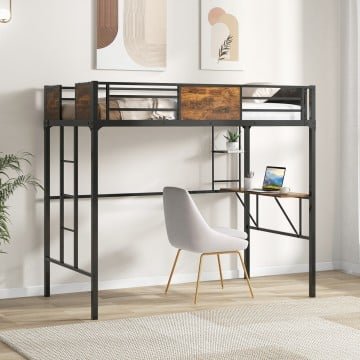 Twin Size Industrial Metal Loft Bed with Desk Storage Shelf and Build-in Ladder
