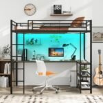 Twin Size Loft Bed Raised Platform Bed with Desk and 2 Storage Shelves