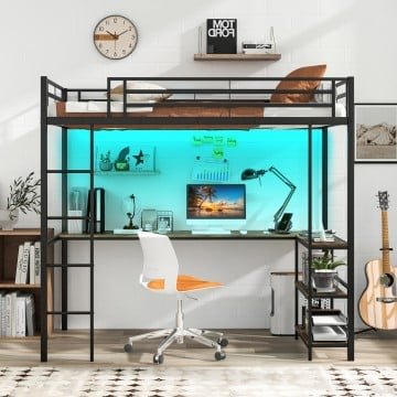 Twin Size Loft Bed Raised Platform Bed with Desk and 2 Storage Shelves