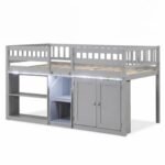 Twin Size Loft Bed with LED Lights and Kids Wooden Bed Frame