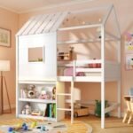 Twin Size Loft Bed with LED Lights, Roof, Window and Storage Bookshelf