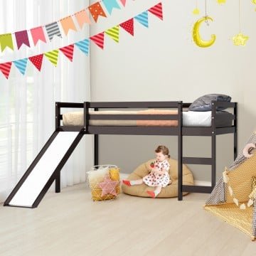 Twin Size Low Sturdy Loft Bed with Slide Wood Twin Size Low Sturdy Loft Bed with Slide Wood