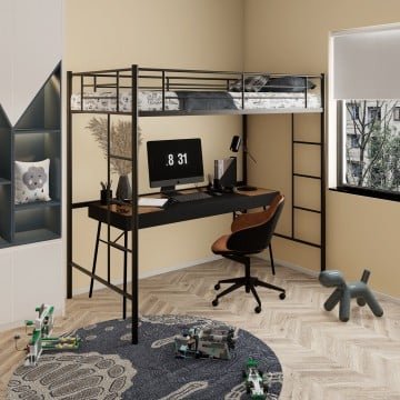 Twin Size Space-saving Metal Loft Bed with Full-Length Guardrail and 2 Ladders