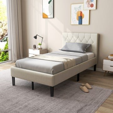 Twin Size Upholstered Platform Bed with Button Tufted Headboard