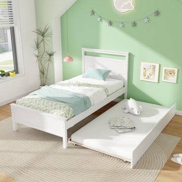 Twin Size Wooden Bed Frame with Trundle for Teens and Adults