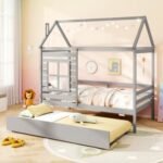 Twin Size Wooden Platform House Bed with Trundle and Roof