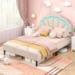 Upholstered LED Bed Frame with Adjustable Flower Headboard and Metal Support Feet