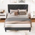 Upholstered Platform Bed with Tufted Headboard and Wooden Slats Gray