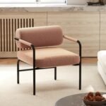 Velvet Upholstered Accent Chair with Cylindrical Backrest and Metal Armrests