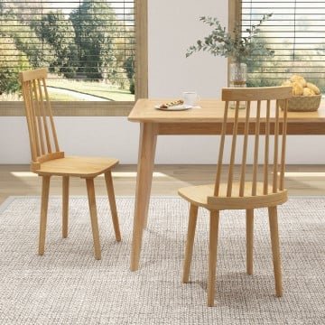 Windsor Dining Chairs Set of 2 with High Spindle Back and Natural Rubber Wood Legs for Dining Room Living Room