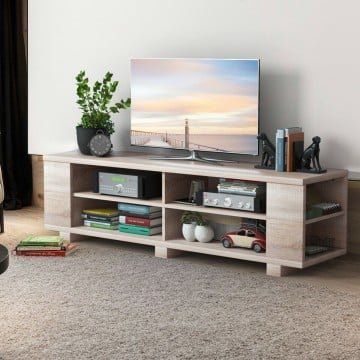 Wooden TV Stand with 8 Open Shelves for TVs up to 65 Inch Flat Screen