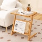 Z-shaped End Table with Magazine Rack and Rattan Shelf